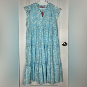 Simply Southern NWT Sz M Tiered Dress Blue Daisy Flower Oversized Lightweight